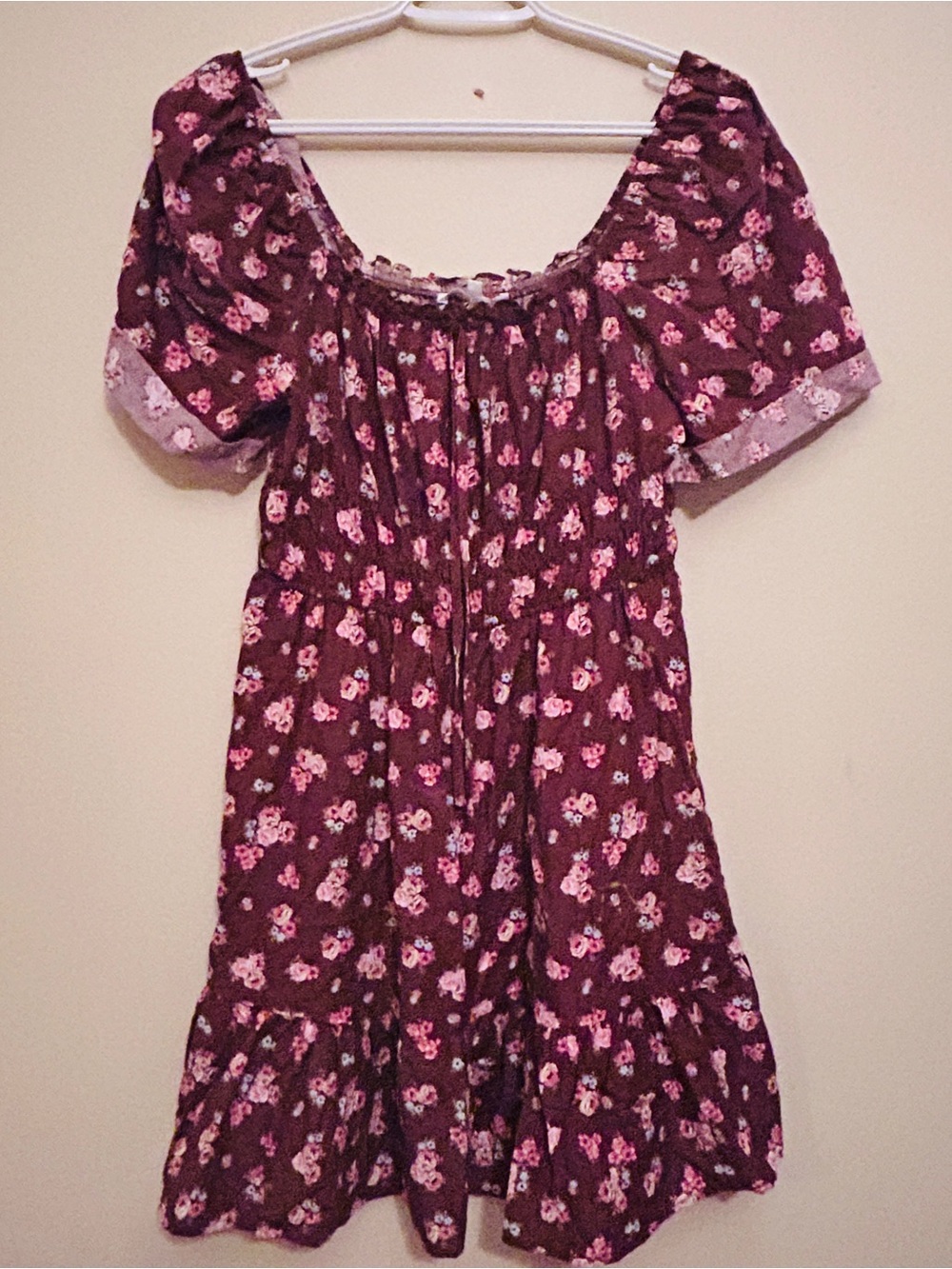 Floral Peasant Dress in Burgundy Pink - Casual Summer Dress